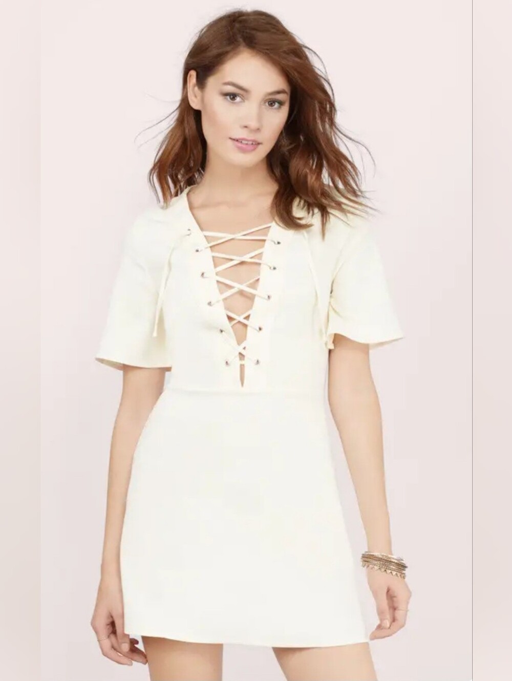New Tobi Women's Dress V Neck Tie Front Zip Back Pale Yellow Size medium